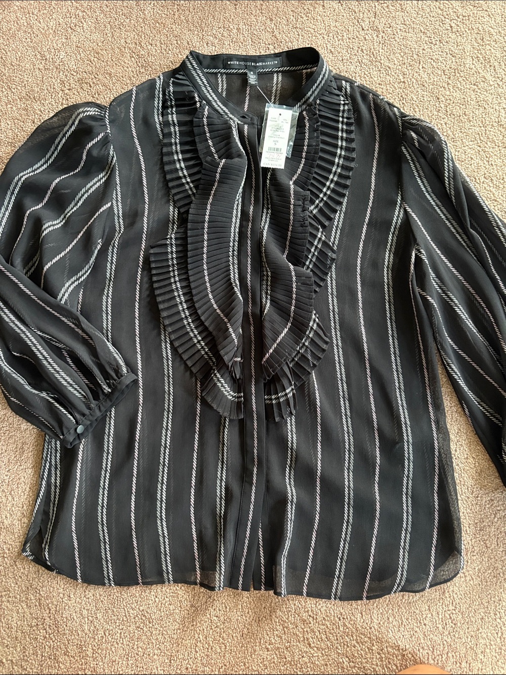 White House Black Market Black Striped Ruffle Front Blouse size small NWT